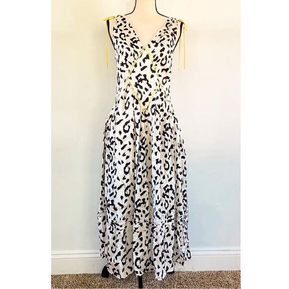 Self Portrait Embroidered Leopard Print Satin Jacquard Pleated Midi Dress Sz 4 - Picture 5 of 9